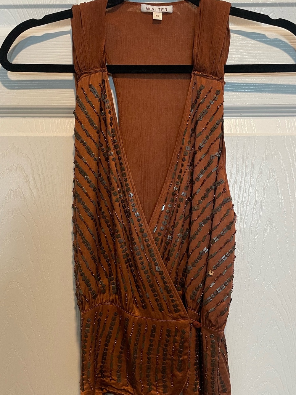 Walter Embellished Rust Wrap Blouse with Beaded Gunmetal Stripes